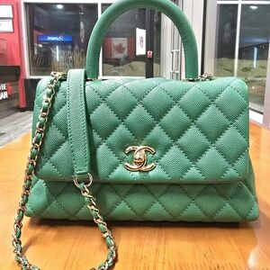 CHANEL Green Quilted Top-Handle Satchel with Gold Chain